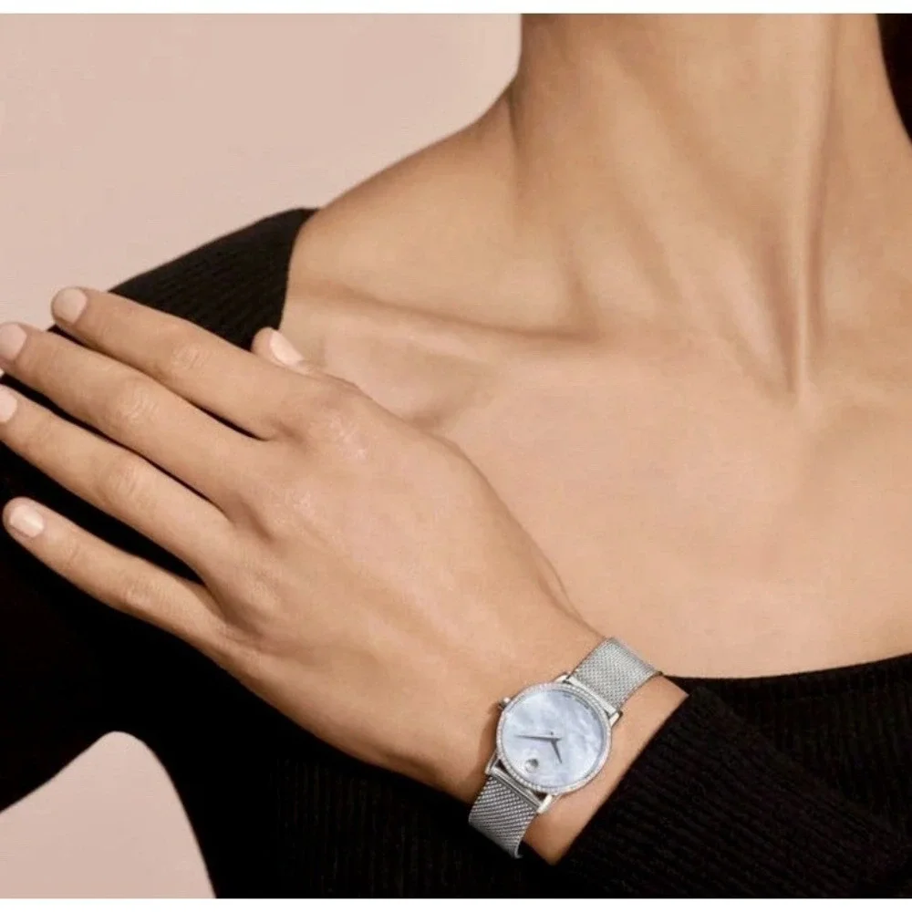 Movado Bold Women's Swiss Quartz Watch Crystal Bezel Silver Mesh Bracelet